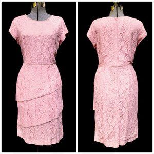 VTG 50's 60's Pink Diagonal Layered Lace Sheath Dress Party Prom MED Cap Sleeve